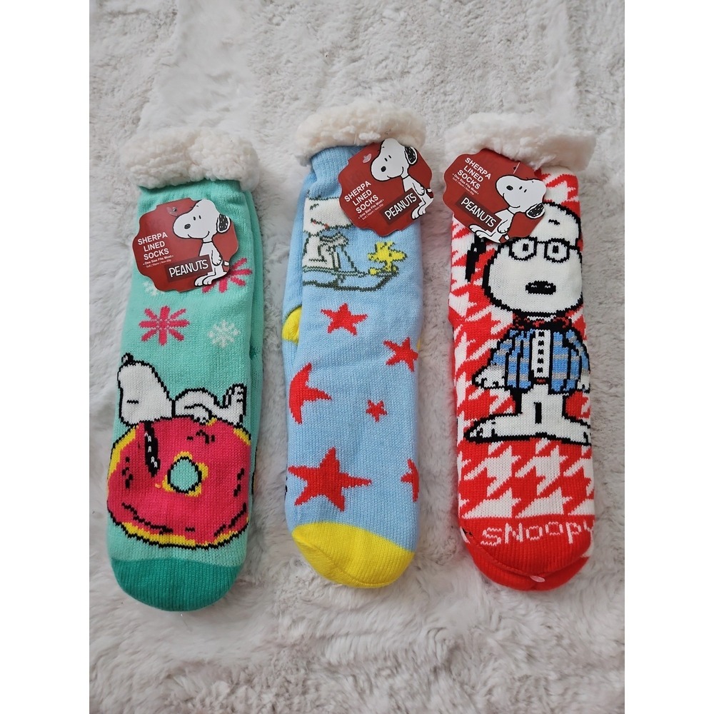 PEANUTS Snoopy Sherpa Lined Slipper Socks Lot of‎ 3 Christmas Holiday NWT OSTR